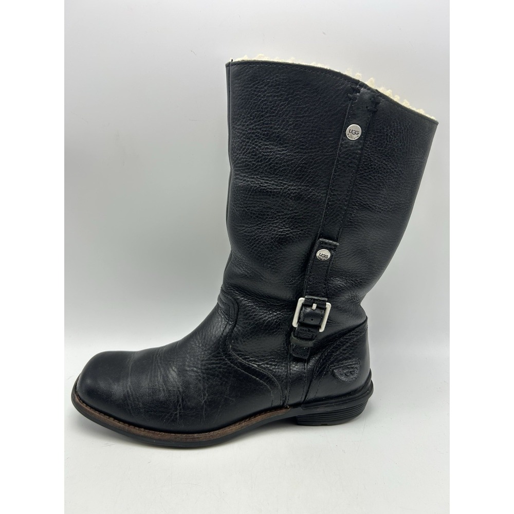 UGG Bellevue Boots Womens 7 Black Leather Sheepskin Lined 5745 Moto Rollover